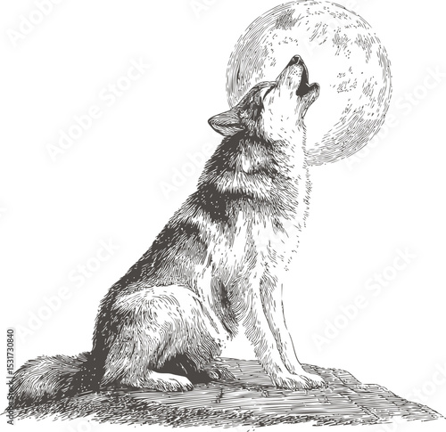 Wolf howling at the full moon in detailed black and white sketch vector illustration