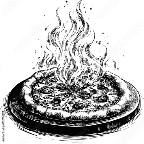 Hand-drawn hot pizza with flaming toppings on a wooden plate, black and white art. Vector illustration