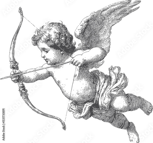 Engraving of cupid angel with wings shooting bow and arrow, vintage. Vector illustration