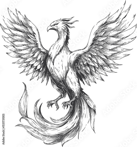 Detailed black and white phoenix illustration spreading its majestic wings. Vector illustration in sketch style