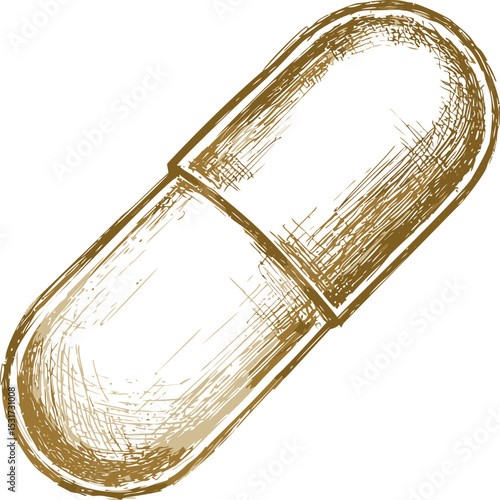 Brown sketched capsule illustration with detailed shading, pharmaceutical concept. Vector illustration