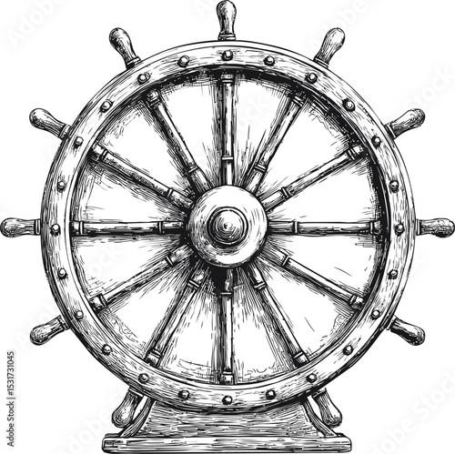 Vintage ship's wheel in detailed black and white illustration, nautical concept. Vector illustration