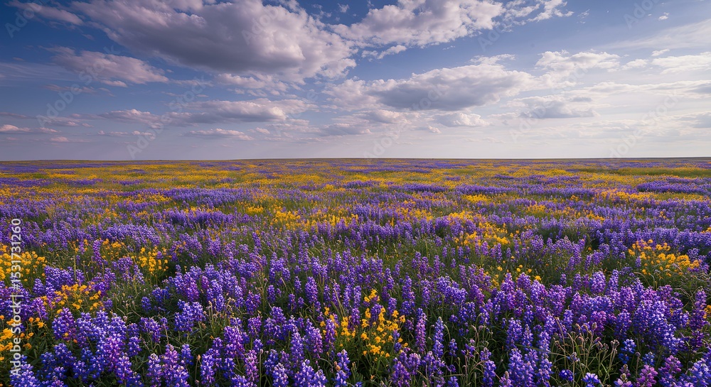Fototapeta premium Purple and Yellow Wildflower Field under Cloudy Sky