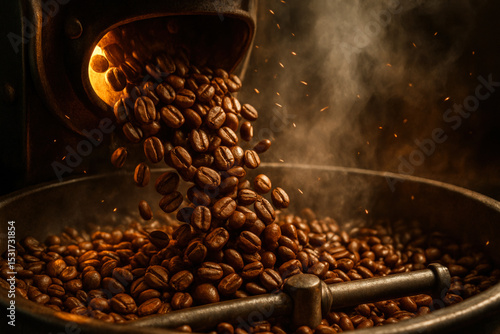 Freshly roasted coffee beans pouring from roaster in dark ambient setting, showcasing the process, aroma, and warmth of coffee culture.
