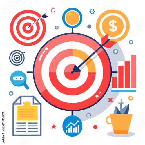 A colorful and abstract flat illustration showing a bullseye target with an arrow hitting the center, surrounded by various business and finance related icons like charts, dollar signs, and documents.