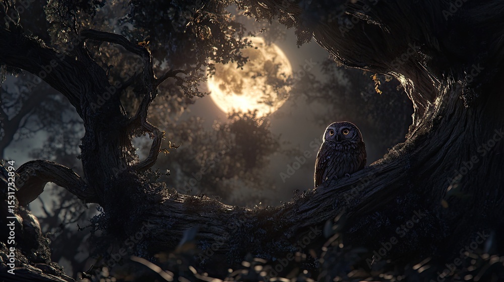 Fototapeta premium Owl perched in a gnarled tree under a full moon.