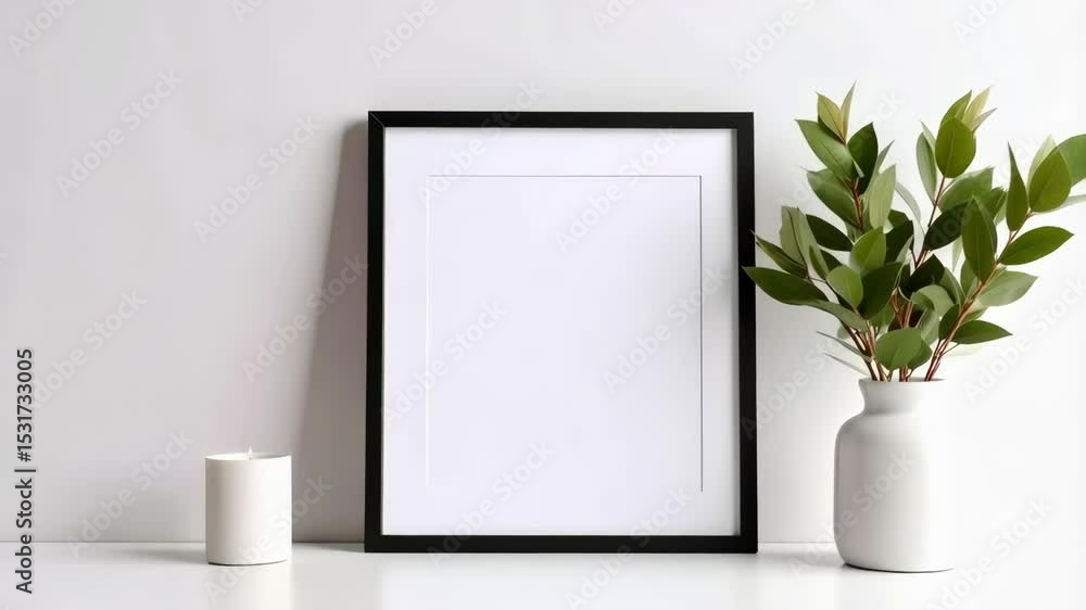Clean minimal frame with white background, leaf branch in vase, and candle for art, photography mock up or interior design presentation Clean minimal frame with white background, leaf branch in vase, and candle for art, photography mock up or interior design presentation