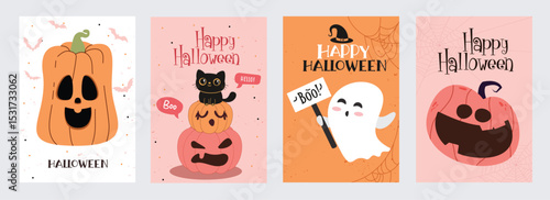 Halloween poster card clipart set. Happy Halloween trick or treat flyers clip art with cute pumpkins, ghost and cat characters for spooky banners and template collection vector illustration.  
