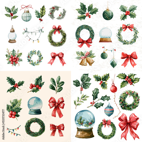 Festive watercolor Christmas elements including holly leaves, wreaths, snow globes, ribbons, and ornaments in holiday-themed arrangement.


