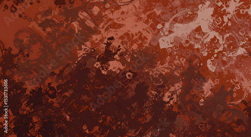 Dynamic abstract artwork with a red and brown color palette, intricate textures, and pattern overlays. Expresses artistic creativity, complexity, and vibrant depth ideal for artistic and conceptual