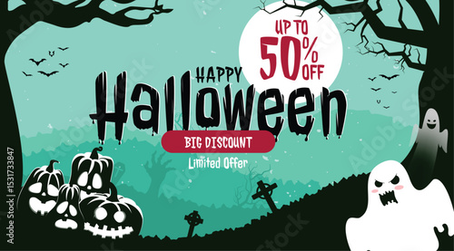 Halloween sale clipart banner. Happy Halloween trick or treat 50% discount promotion clip art design with silhouette scary, spooky and horror background for shopping poster flyers vector illustration.