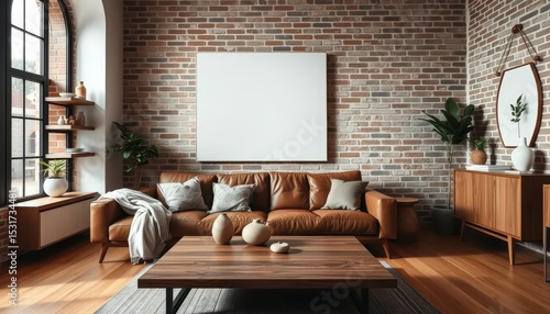 Fototapeta Naklejka Na Ścianę i Meble -  Interior of a modern living room with exposed brick wall and large blank canvas
