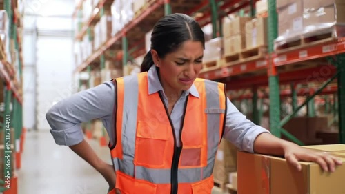 Workplace Injury: Female Warehouse Worker Experiencing Back Pain from Lifting
