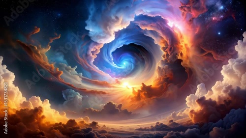 Dramatic celestial vortex composed of colorful clouds and distant stars, resembling a majestic swirling galaxy viewed from another world