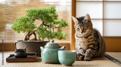 Tranquil Cat with Bonsai Tree and Tea Set in Japanese Interior