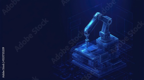 Isometric robotic arm performing automated task, futuristic technology concept.