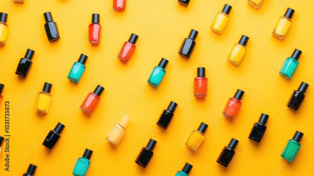 Nail polishes in bottles on color background, flat lay. Space for text Nail polishes in bottles on color background, flat lay. Space for text