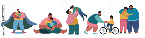 father and children bonding flat vector illustration for fathers day