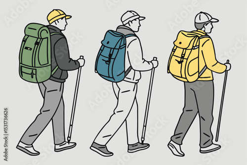 Three hikers with backpacks and trekking poles on a trail illustration