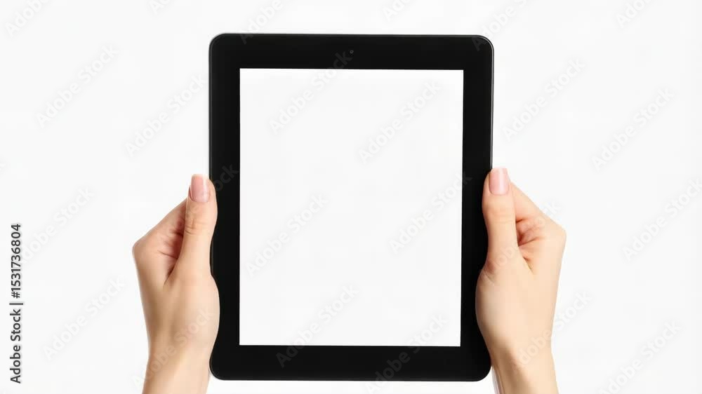 Woman's hands holding a black tablet computer with a blank white screen against a white background, ready for content. Woman's hands holding a black tablet computer with a blank white screen against a white background, ready for content.