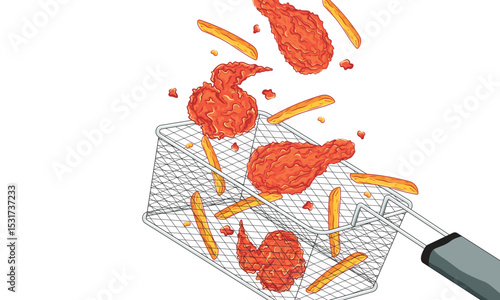 Vector illustration of fried chicken and french fries flying from a deep fryer basket. Fast food concept with crispy chicken wings and potato chips in cartoon style.