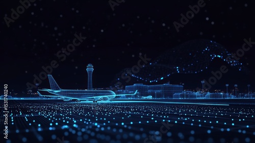 Airplane on runway at night, digital art.