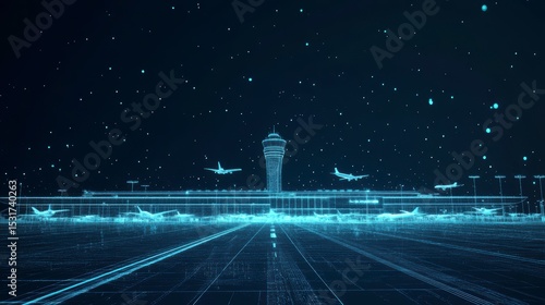 Futuristic airport at night, with planes taking off and landing, depicted in a wireframe style.