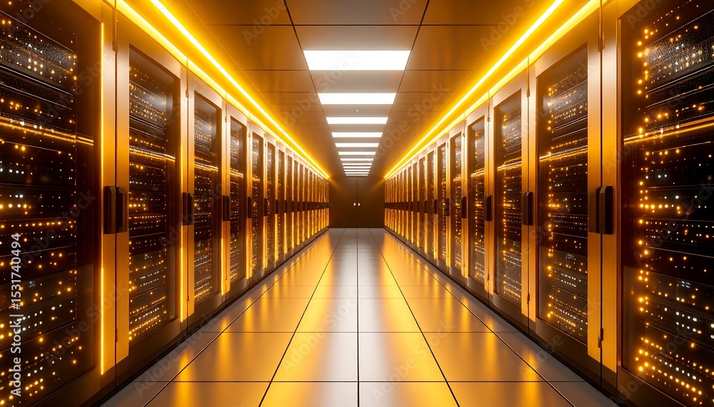 Fototapeta premium A modern server room illuminated with vibrant orange lighting presents rows of data storage units.