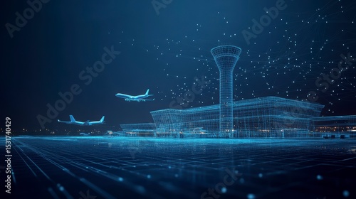 Futuristic airport terminal with planes taking off at night, depicted in wireframe.