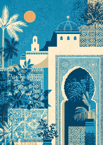 Moroccan architecture shining under the desert sun, a collage of culture and ...