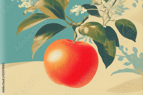 Ripe red apple hanging from branch with green leaves and white flowers