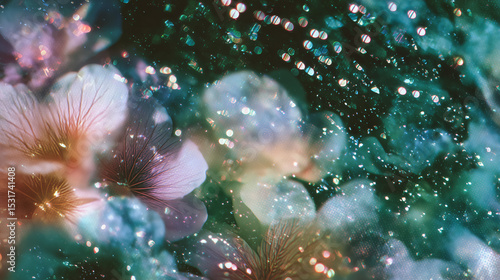 Delicate pink petals glimmering in a sparkling emerald background