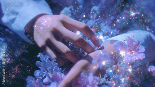 Hands touching cosmic flowers with sparkling glittering stars