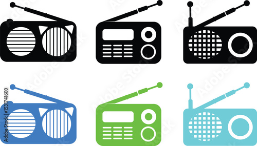 Retro Radio Icons in Bold Colors Black, Blue, Green & Cyan Variants Featuring Classic Antennas, Dials, and Speakers in Minimalist Vector Style