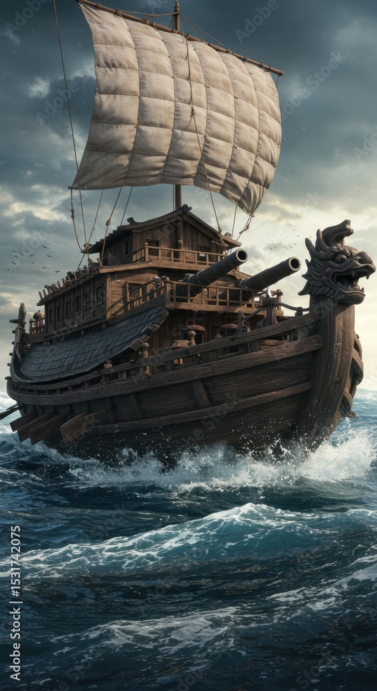 Obraz premium Ancient Korean Warship Sailing Through Tempestuous Waters: A Digital Masterpiece