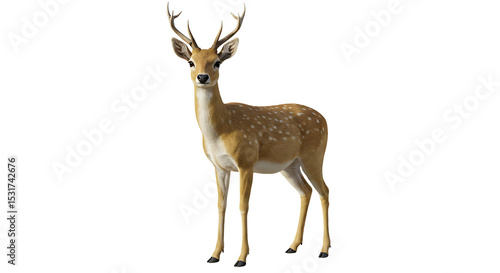 Fototapeta Naklejka Na Ścianę i Meble -  Spotted Deer Standing Tall with Small Antlers and Alert Expression
