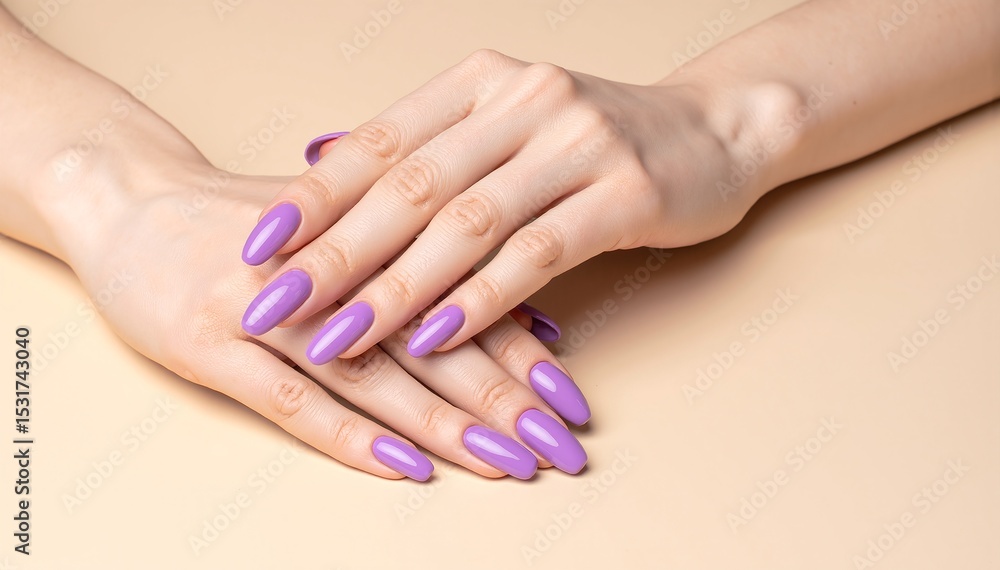 Naklejka premium A close-up of a woman's hand showcasing elegantly manicured purple nails, resting gently on a soft, textured surface, with delicate rings adorning her fingers.