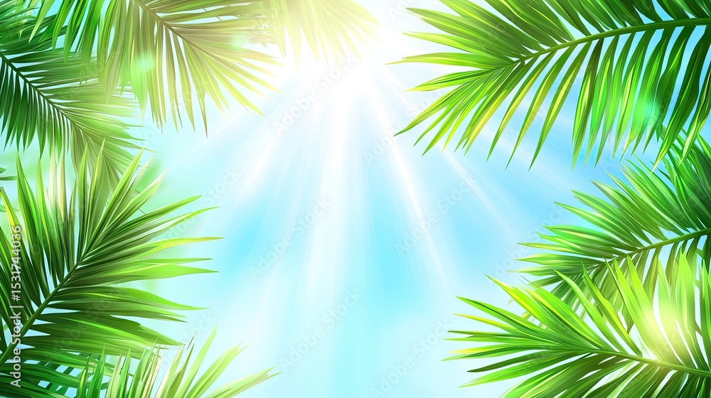 Obraz premium Lush tropical palm leaves against a bright sky.