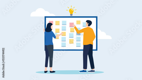Two people brainstorming with sticky notes on a board under a lightbulb in a bright and airy office space
