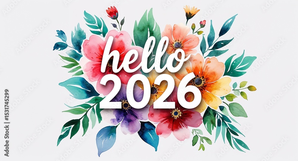 Obraz premium hello 2026 word lettering with watercolor painting flowers on plain white background
