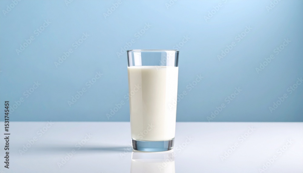 Transparent glass filled with fresh milk stands on a smooth surface against a soft gradient background Transparent glass filled with fresh milk stands on a smooth surface against a soft gradient background