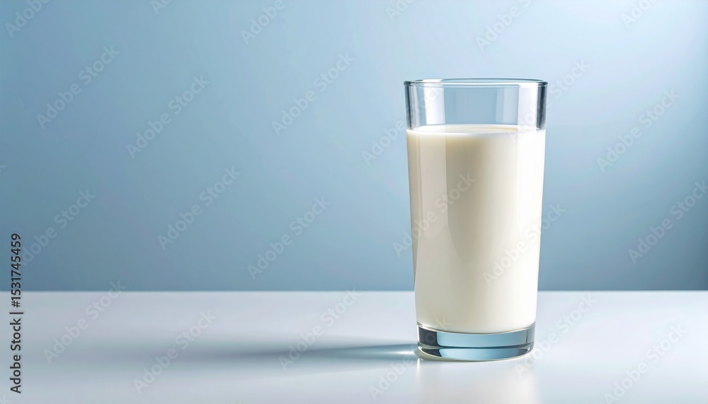 Transparent glass filled with fresh milk stands on a smooth surface against a soft gradient background Transparent glass filled with fresh milk stands on a smooth surface against a soft gradient background