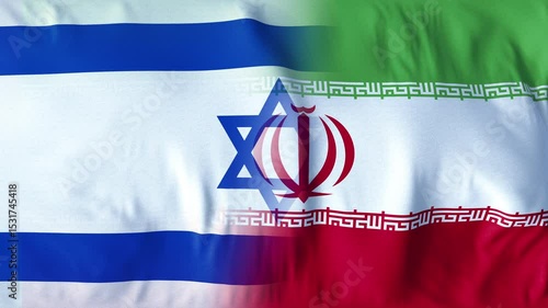 FLAGS OF THE COUNTRIES ISRAEL AND IRAN. A mesmerizing, ultra-slow-motion video of a high-quality flag gracefully waving in the wind, capturing every delicate ripple and fold in stunning detail.