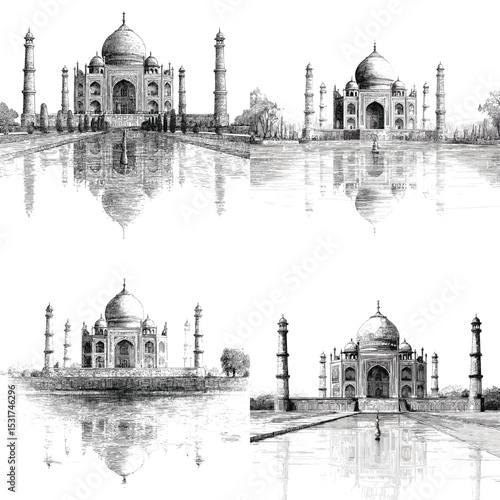 Elegant black-and-white sketch illustrations of the iconic Taj Mahal in different angles, ideal for architecture, travel, and history-themed projects.

