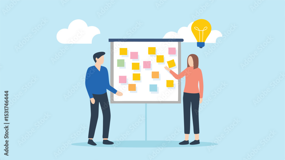 Two people brainstorming ideas on a whiteboard with sticky notes under a lightbulb and clouds Two people brainstorming ideas on a whiteboard with sticky notes under a lightbulb and clouds