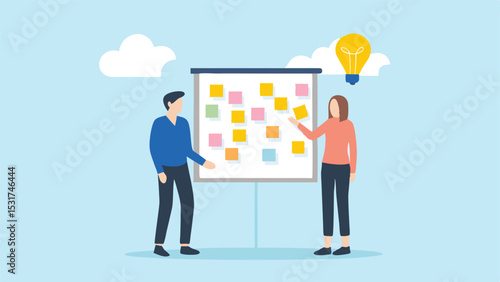 Two people brainstorming ideas on a whiteboard with sticky notes under a lightbulb and clouds