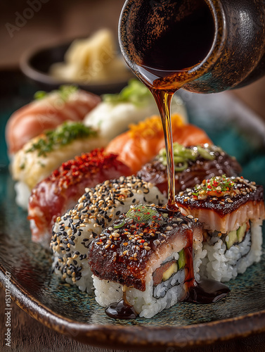 Obraz na płótnie Sushi polewane sosem