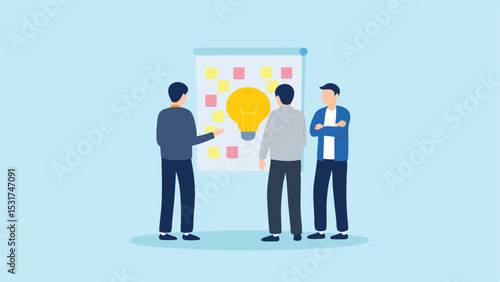 Three people brainstorming ideas with a lightbulb on a board with sticky notes in a light blue room