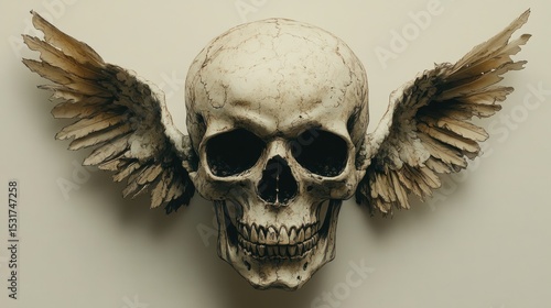 A human skull with angel wings.