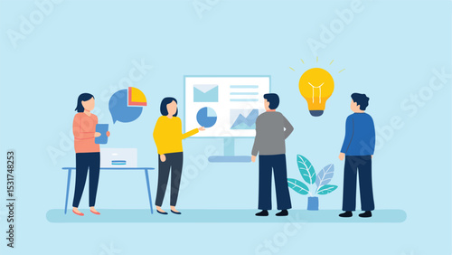 Team members collaborating on data analysis and brainstorming ideas in a meeting environment setting